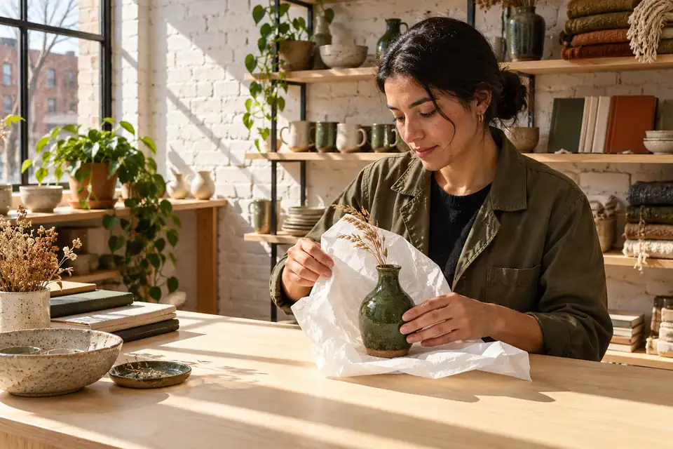 Une commerçante déballe un petit vase vert dans une boutique d’objets faits au Québec.