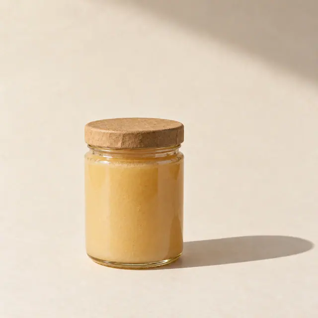 Pot de miel de trèfle crémeux au couvercle kraft.